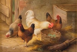 Chickens In A Barn With Basket Of Leaves And Broom