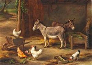Donkeys And Chickens In A Barn