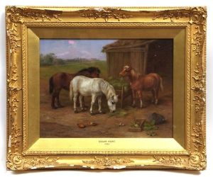 Farmyard Scene With Three Ponies Feeding by Edgar Hunt