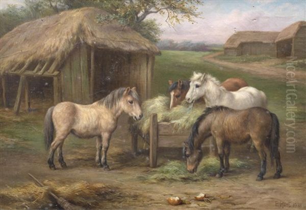 Ponies With Cocks And Hens; Dinner Time - view 1