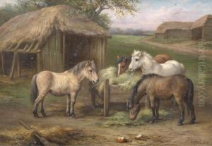 Ponies With Cocks And Hens; Dinner Time by Edgar Hunt