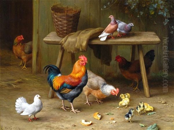 A Rooster, Hens, Chicks And Doves By A Barn - view 1