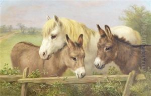 A Grey Pony And Two Donkeys by Edgar Hunt