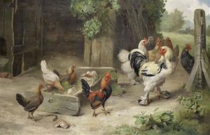 A Farmyard Scene With Chickens And Bantams by Edgar Hunt