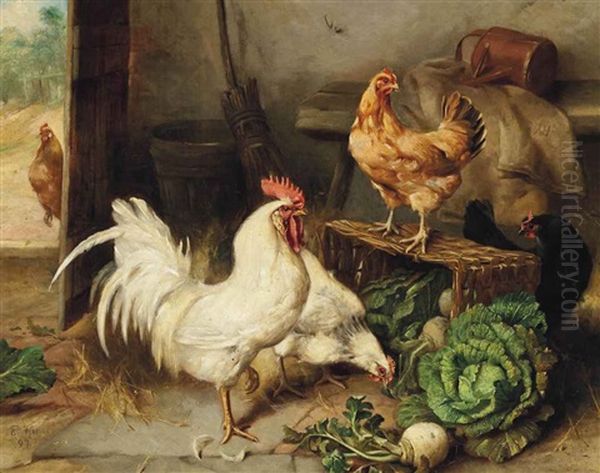 Chickens And Cockerel In A Barn - view 1