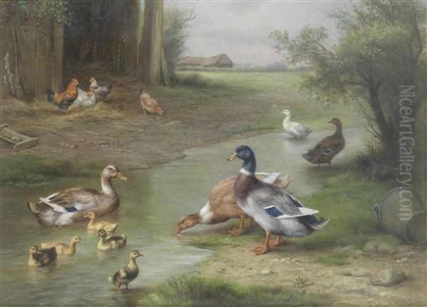 Ducks & Ducklings By A Stream (+ Chickens And Doves In A Farmyard, 1926; Pair) - view 1
