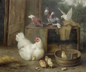 Farmyard Scene With Chickens (+ Chickens, Chicks And Doves In A Farmyard; Pair) by Edgar Hunt