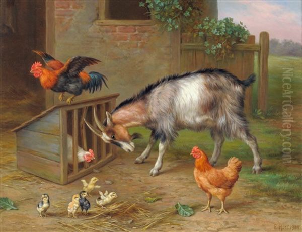 Farmyard Scene With Goat, Chickens And Chicks - view 1