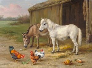 Farmyard Scene With A Pony, Donkey And Chickens