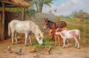 Denizens Of The Farm, Pony, Donkey, Calves And Pigeons Feeding Beside A Barn by Edgar Hunt