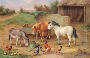 A Donkey, Ponies And Poultry In A Farmyard