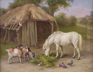 Pony And Goats In A Farmyard by Edgar Hunt