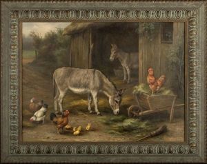 Farmyard Scene With Donkeys, Chickens And Chicks