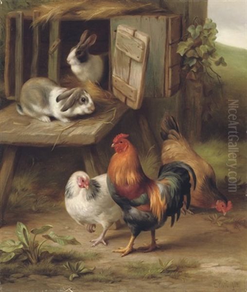 Hens And A Cockerel With Rabbits - view 1