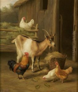 A Goat And Chickens Outside A Barn by Edgar Hunt