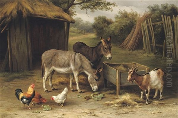A Farmyard With Donkeys, A Goat And Chickens - view 1