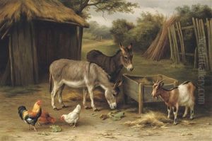 A Farmyard With Donkeys, A Goat And Chickens by Edgar Hunt