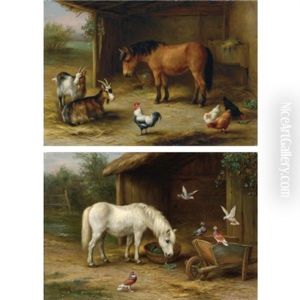 A Horse With Pigeons At Feeding Time (+ A Pony With Goats And Chickens In A Barn; Pair) by Edgar Hunt