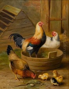 Chickens And Chicks In A Farmyard by Edgar Hunt