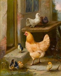 Chicken, Chicks And Pigeons Outside A Cottage (+ Chickens, Chicks, Pigeons And A Dove In A Farmyard; Pair) by Edgar Hunt