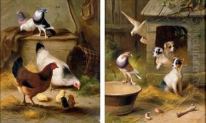 Pigeons And Puppies (+ Pigeons And Chickens; Pair) by Edgar Hunt