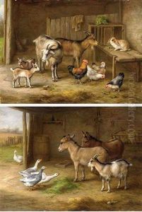 Goats, A Rabbit And Chickens In A Barn by Edgar Hunt