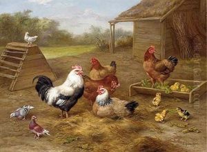 A Cockerel, Chickens And Doves Outside A Barn, With Chicks Playing With A Pea Pod by Edgar Hunt