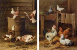 A Barnyard Scene With Chickens And Pigeons by Edgar Hunt