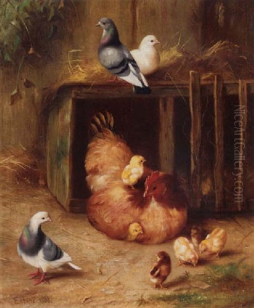A Hen With Chicks And Pigeons By A Hutch - view 1