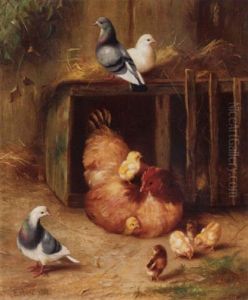 A Hen With Chicks And Pigeons By A Hutch A Hen With Chicks And Pigeons By A Hutch
