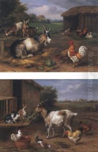 Farmyard Scene With Goats And Chickens by Edgar Hunt