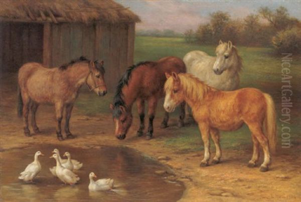 Ponies And Geese At A Pond - view 1