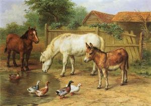 Ponies, Donkey And Ducks In A Farmyard by Edgar Hunt