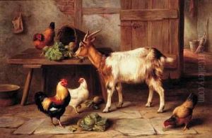 Goat And Chickens Feeding In A Cottage Interior by Edgar Hunt