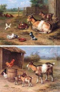 A Farmyard Scene With Goats, Chickens, Doves And Pigeons by Edgar Hunt