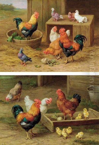 Cockerels, Hens And Doves In A Farmyard (+ Cockerels, Hens And Chicks In A Farmyard; Pair) - view 1