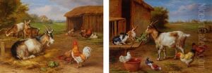 A Farmyard Scene With Goats And Chickens by Edgar Hunt