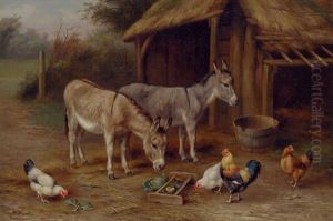Donkeys, A Cockerel And Chickens By A Stable