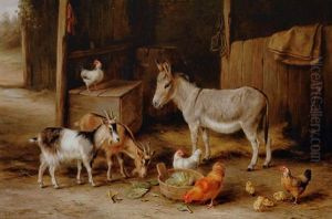 A Donkey, Two Goats, Chickens And Chicks