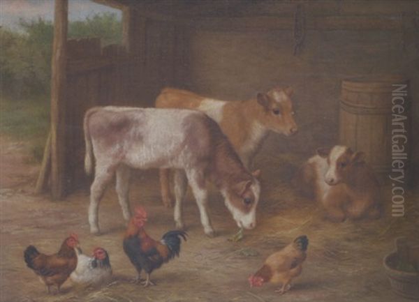 Calves And Chickens In A Stable Interior - view 1
