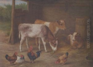 Calves And Chickens In A Stable Interior by Edgar Hunt