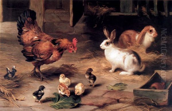 A Hen With Her Chicks And Two Rabbits In A Stable - view 1