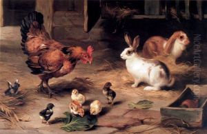 A Hen With Her Chicks And Two Rabbits In A Stable