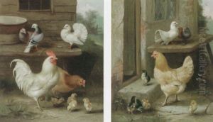 A Cockerel, Hen And Chicks With Pigeons