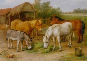 Ponies And A Donkey Feeding by Edgar Hunt