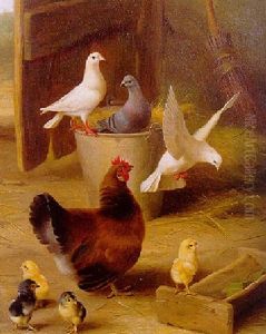 A Hen, Chicks And Doves By A Stable Door by Edgar Hunt