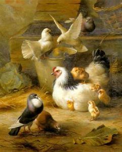 Hens, Chickens, Doves And Pigeons In A Farmyard by Edgar Hunt