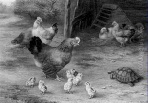 Hens, Chickens And A Tortoise In A Farmyard by Edgar Hunt