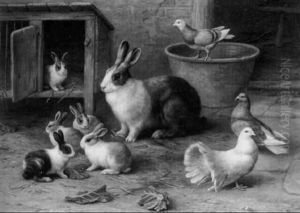 Rabbits, Pigeons And A Dove In A Farmyard by Edgar Hunt