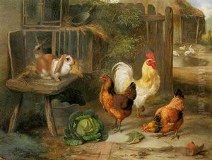 Rabbits And Poultry In A Farmyard by Edgar Hunt